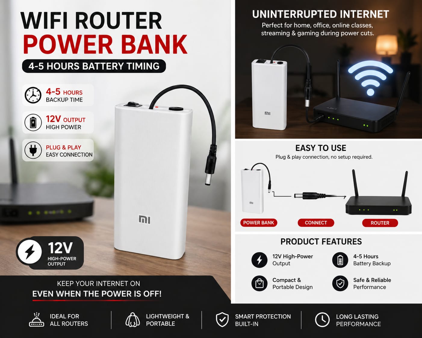 12V High-Power Router Power Bank 20000mAh | 6 Cell Backup Battery | Compatible with ONTs & Wi-Fi Routers | 20,000 AMH High Capacity Backup | WiFi Router UPS Power Bank 12 Volts 8 to 10 Hours Backup
