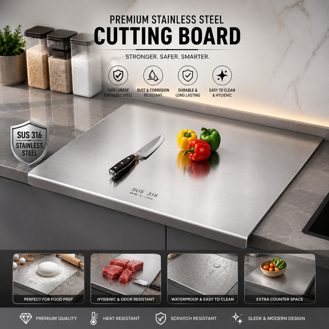 Premium Stainless Steel Cutting Board – Hygenic & Durable Kitchen Essential