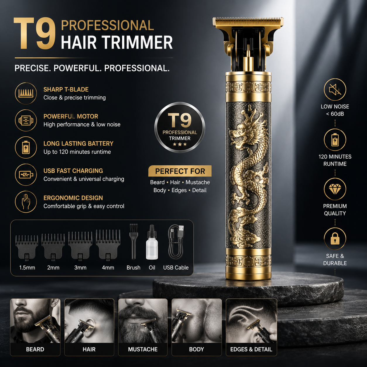 Professional Vintage T-Blade Hair Trimmer – Dragon Embossed Metal Body